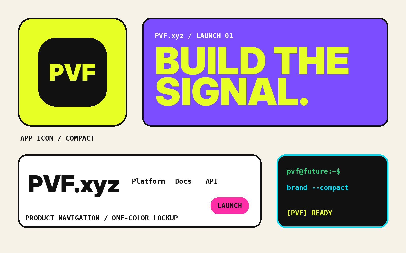 A board of PVF brand applications in neon acid, pink, violet, cyan, and black